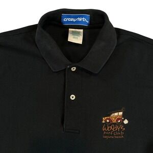 Crazy‎ Shirts Mens M Black Polo Shirt Woody's Surf Club Laguna Beach Embroidered